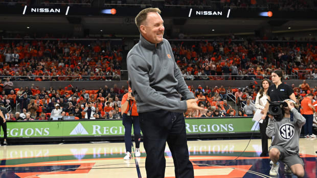 Auburn football coach Hugh Freeze is introduced duringAuburn basketball vs Arkansas on Saturday, Jan. 7,.2023 in Auburn, Ala.Todd Van Emst/AU Athletics